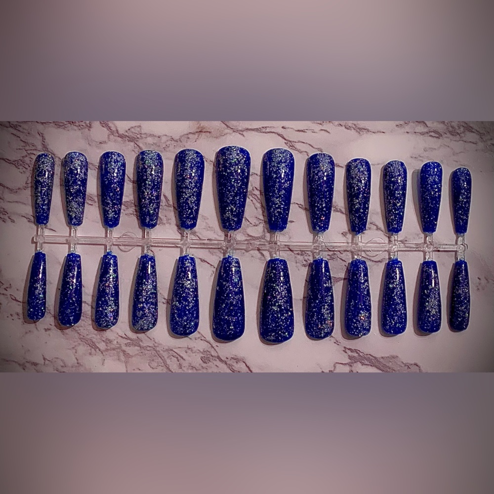 Blue Sparkle Long Coffin Press-On Nails